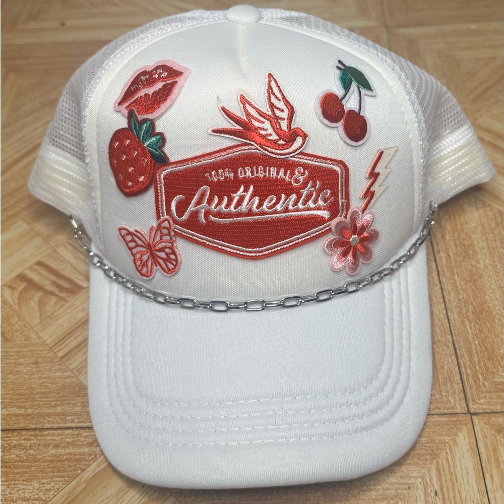 White Trucker Cap with Embroidered Patches